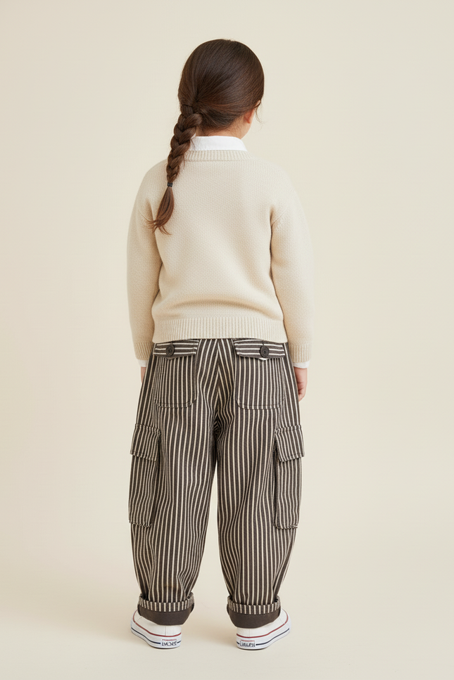 Pantalon Baggy Rayé Cargo Ample Coton Enfant - Marron - vue 2
