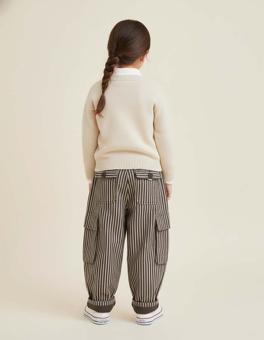 Pantalon Baggy Rayé Cargo Ample Coton Enfant - Marron - vue 2