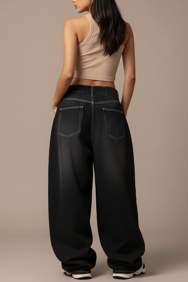 Pantalon Baggy Jean Gris Ample Plissé Décontracté Femme - vue 2