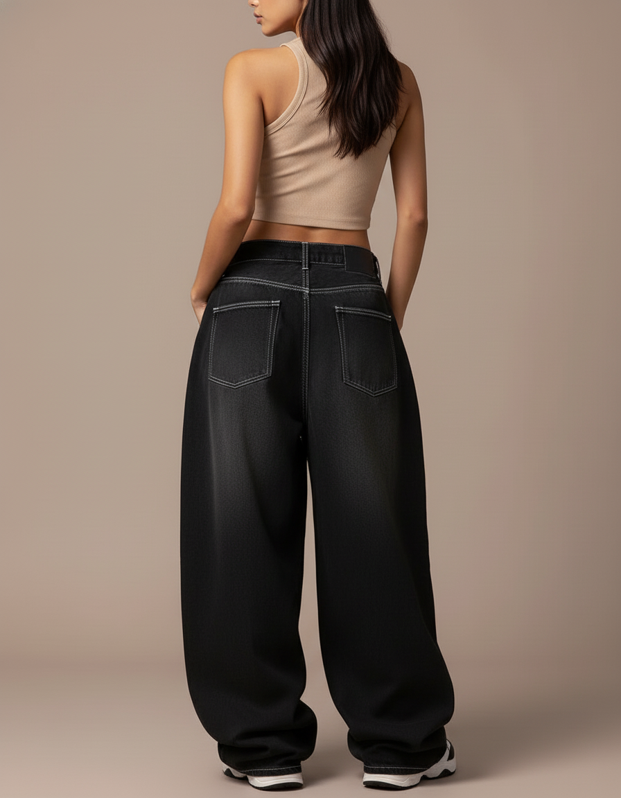 Pantalon Baggy Jean Gris Ample Plissé Décontracté Femme - vue 2