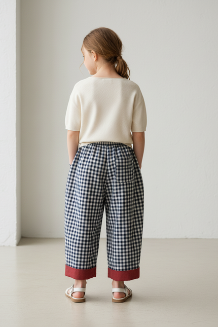 Pantalon Baggy Vichy Bleu Marine Ample Coton Enfant - vue 2