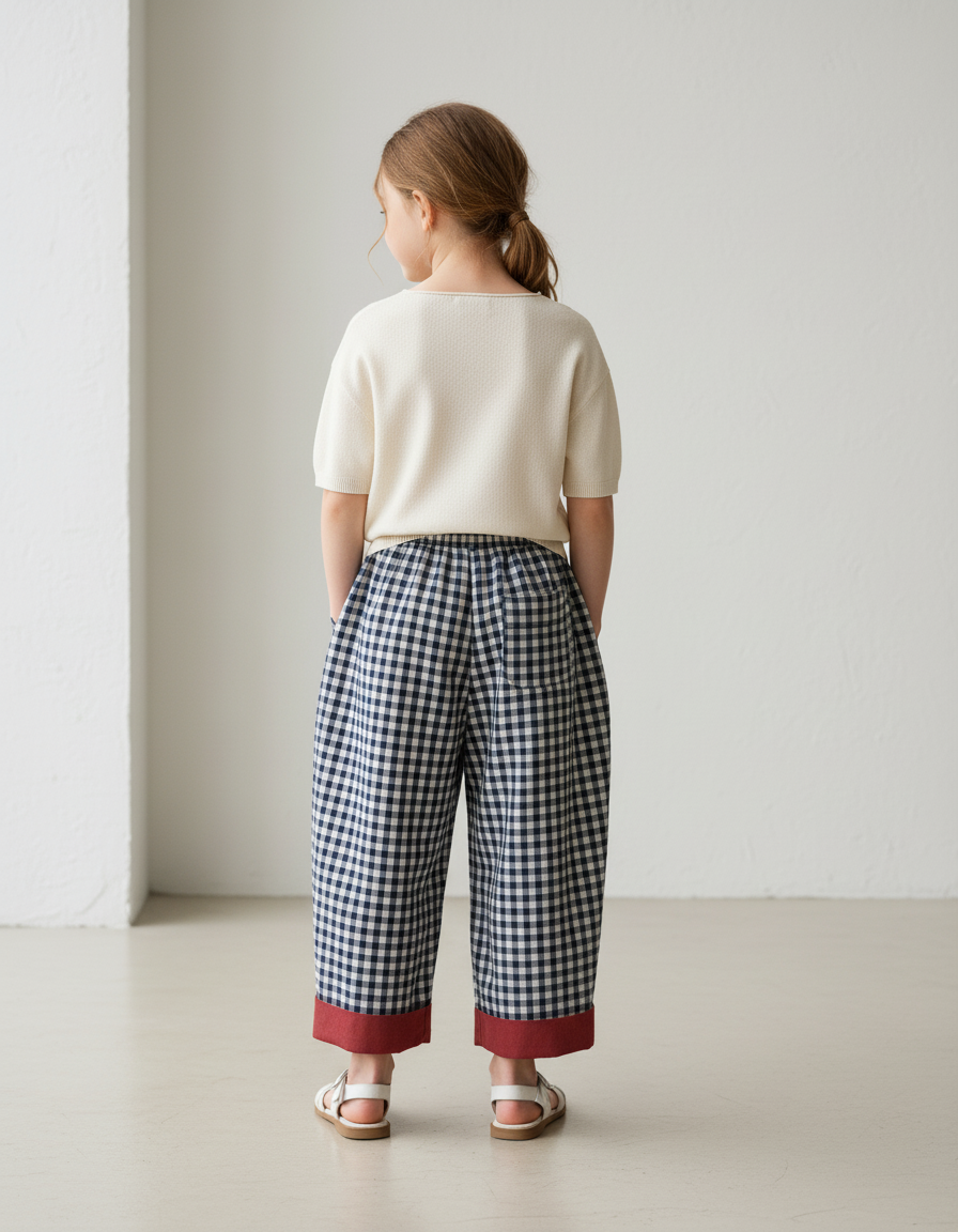 Pantalon Baggy Vichy Bleu Marine Ample Coton Enfant - vue 2