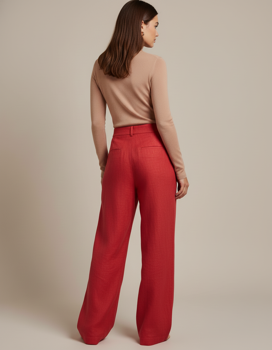 Pantalon Baggy Rouge Lin Taille Haute Plissé Fluide - vue 2