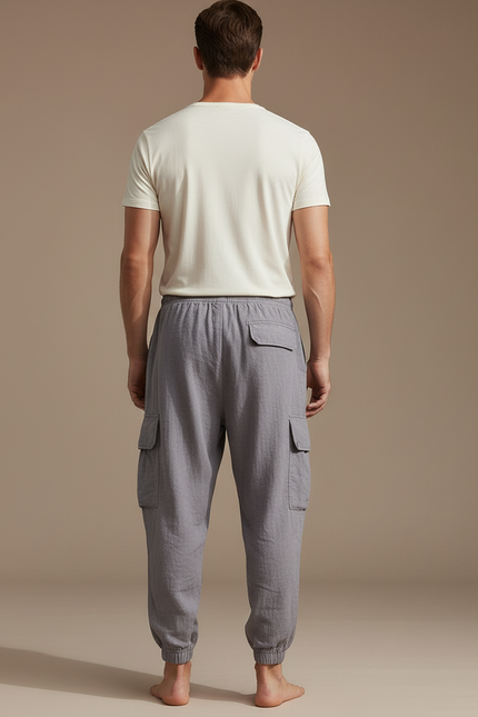 Pantalon Baggy Gris Lin Cargo Ample Cordon Homme - vue 2