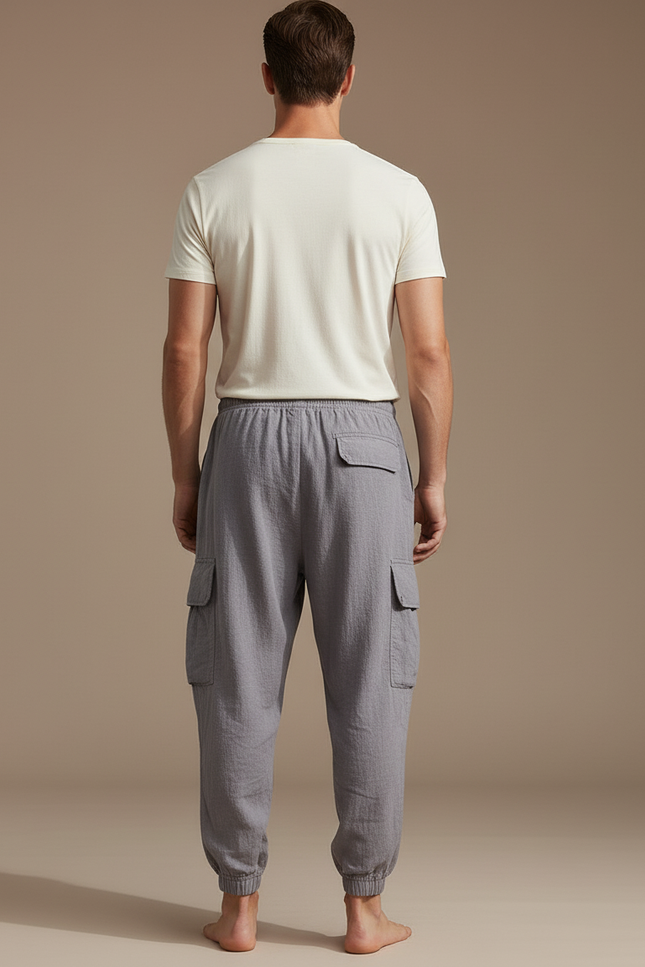 Pantalon Baggy Gris Lin Cargo Ample Cordon Homme - vue 2