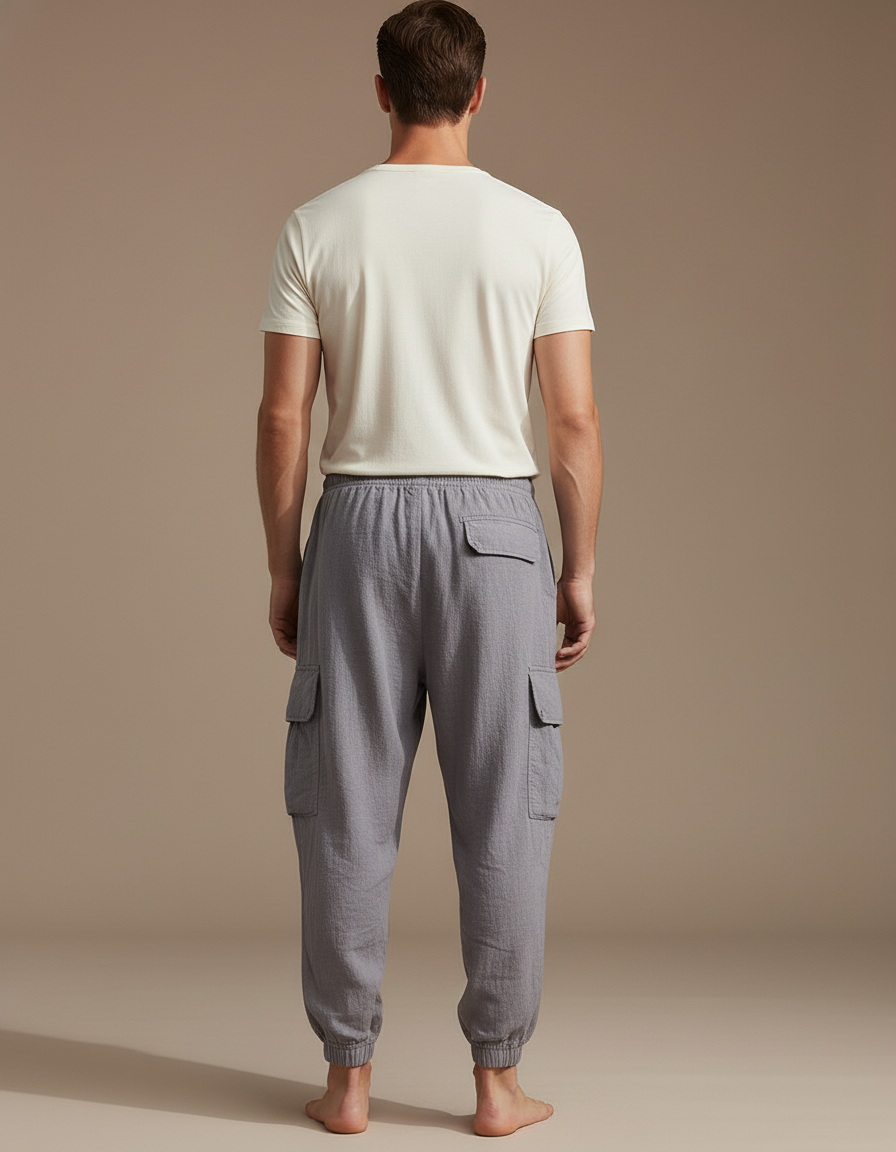 Pantalon Baggy Gris Lin Cargo Ample Cordon Homme - vue 2