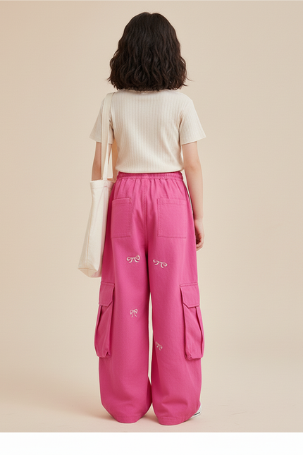 Pantalon Baggy Rose Cargo Ample Nœuds Cordon - Toile - vue 2