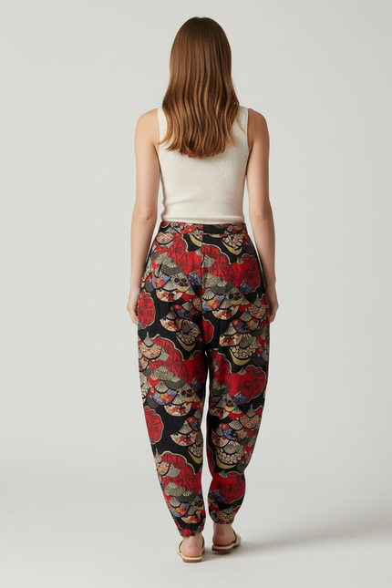 Pantalon Baggy Fluide Imprimé Ethnique Rouge Noir Femme - Viscose - vue 2
