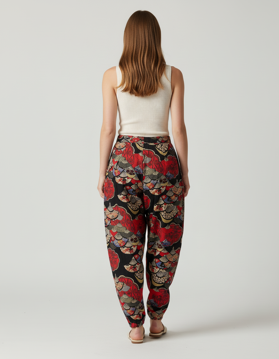 Pantalon Baggy Fluide Imprimé Ethnique Rouge Noir Femme - Viscose - vue 2