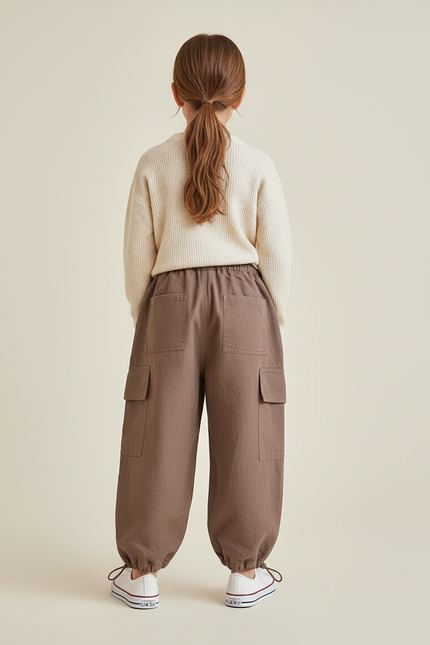 Pantalon Baggy Cargo Marron Cordon Serrage Confortable Enfant - Toile - vue 2