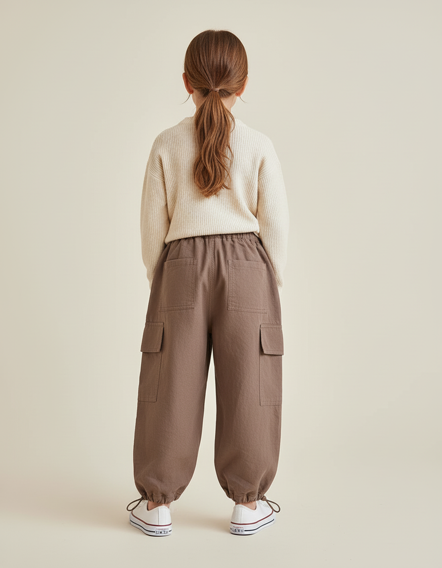 Pantalon Baggy Cargo Marron Cordon Serrage Confortable Enfant - Toile - vue 2