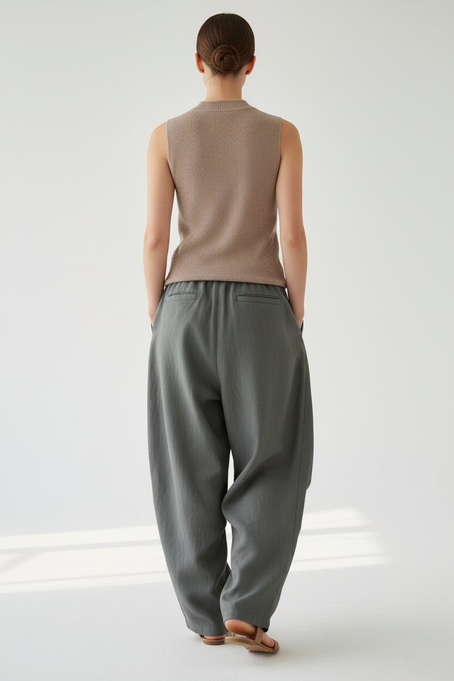 Pantalon Baggy Lin Ample Vert Femme Décontracté - Kaki - vue 2