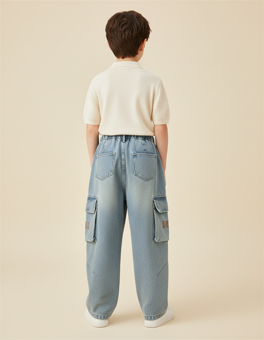 Pantalon Baggy Jean Cargo Ample Enfant Garçon - Bleu - vue 2