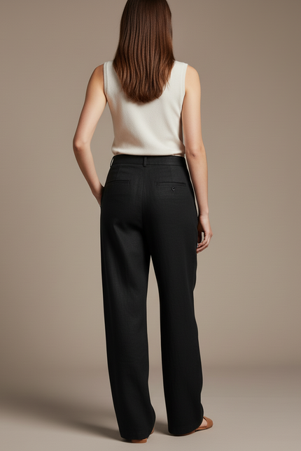 Pantalon Baggy Noir Lin Plissé Large Élégant Femme - vue 2