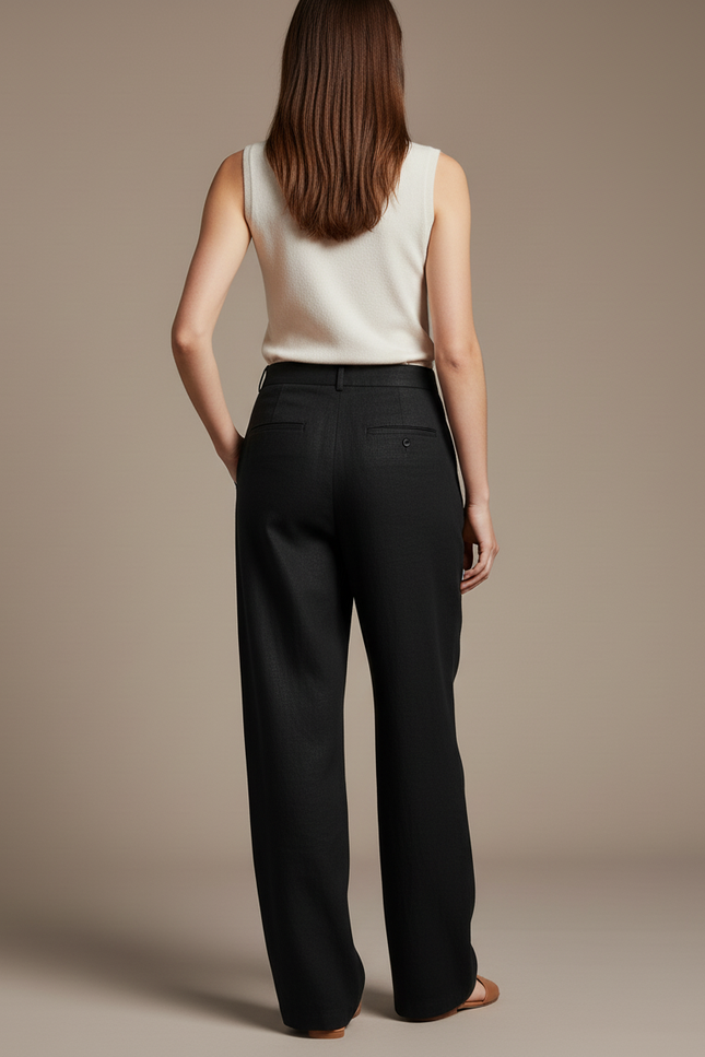 Pantalon Baggy Noir Lin Plissé Large Élégant Femme - vue 2