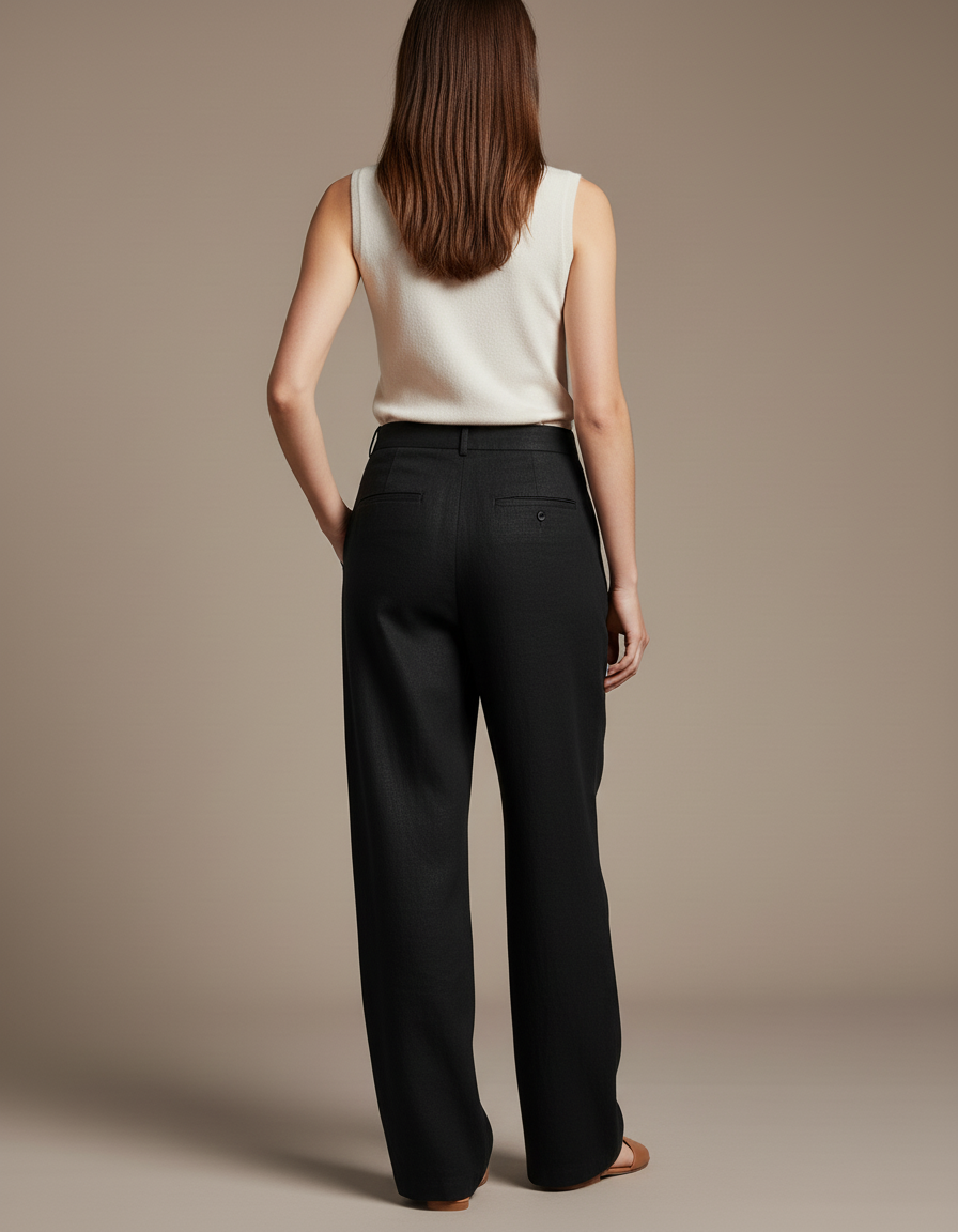 Pantalon Baggy Noir Lin Plissé Large Élégant Femme - vue 2