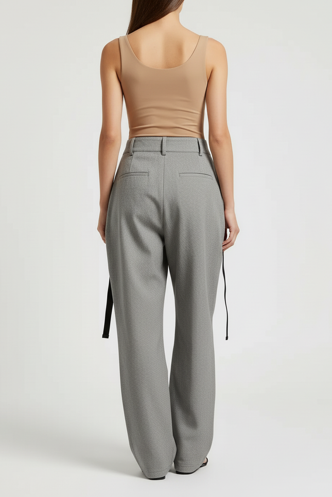 Pantalon Baggy Gris Plissé Ample Bretelles Décontracté - Gabardine - vue 2