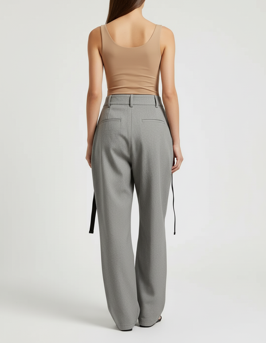 Pantalon Baggy Gris Plissé Ample Bretelles Décontracté - Gabardine - vue 2