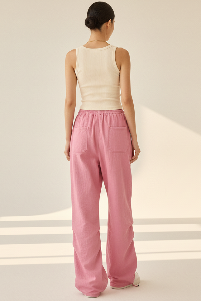 Pantalon Baggy Rose Fluide Ample Cordon Streetwear Femme - Polyester - vue 2