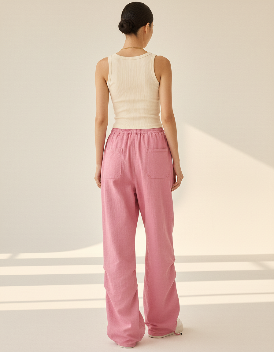 Pantalon Baggy Rose Fluide Ample Cordon Streetwear Femme - Polyester - vue 2