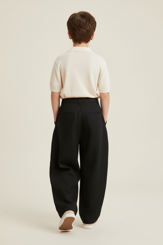 Pantalon Baggy Noir Ample Plissé Décontracté Garçon - Lin - vue 2