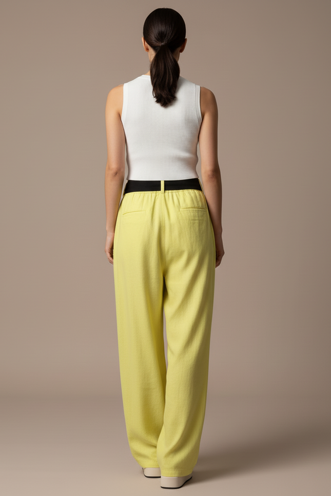 Pantalon Baggy Jaune Lin Ample Imprimé Streetwear Femme - vue 2