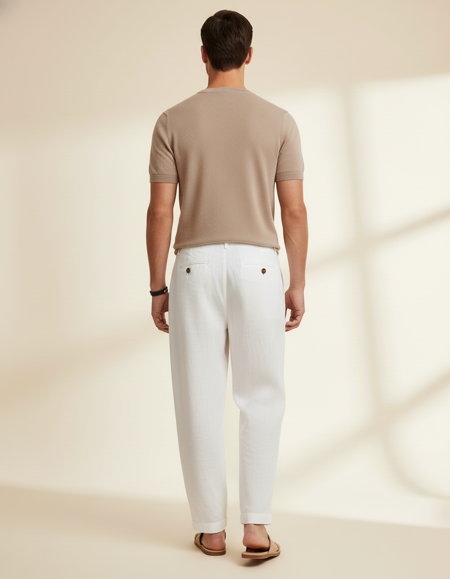 Pantalon Baggy Blanc Lin Ample Boutons Décontracté Homme - vue 2