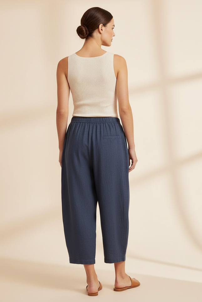 Pantalon Baggy Bleu Marine Ample Lin Décontracté - vue 2