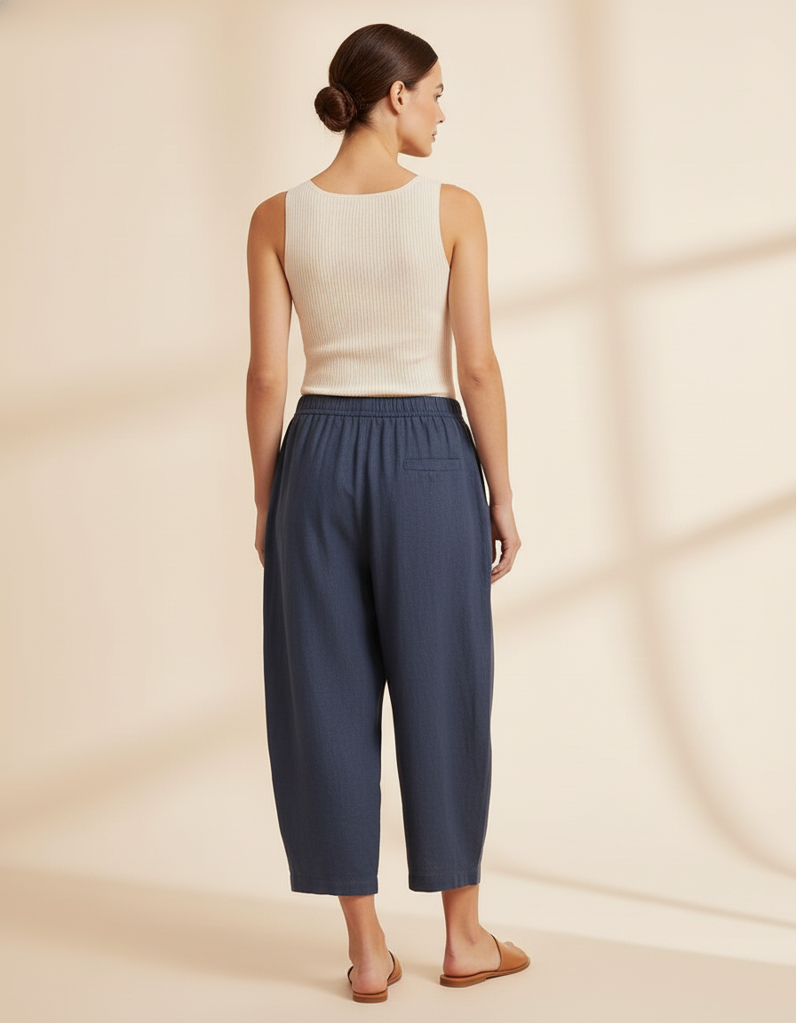 Pantalon Baggy Bleu Marine Ample Lin Décontracté - vue 2