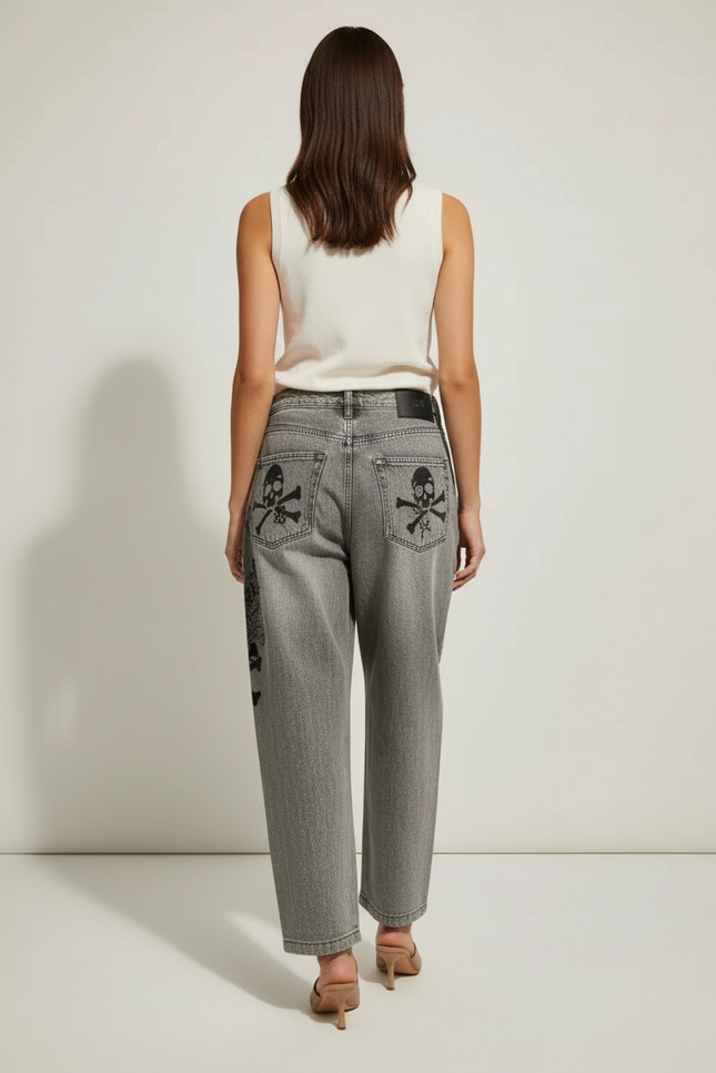 Pantalon Baggy Gris Imprimé Crânes Ample Streetwear - Jean - vue 2