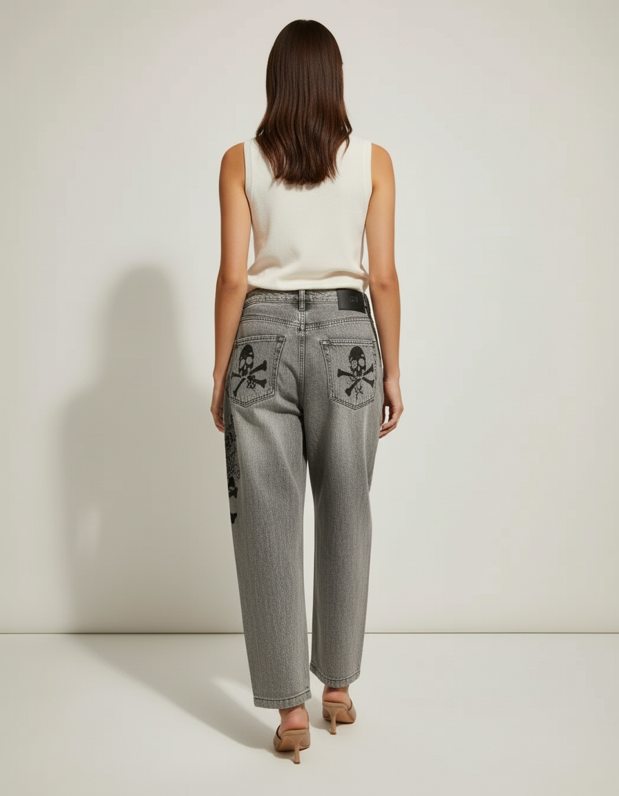 Pantalon Baggy Gris Imprimé Crânes Ample Streetwear - Jean - vue 2