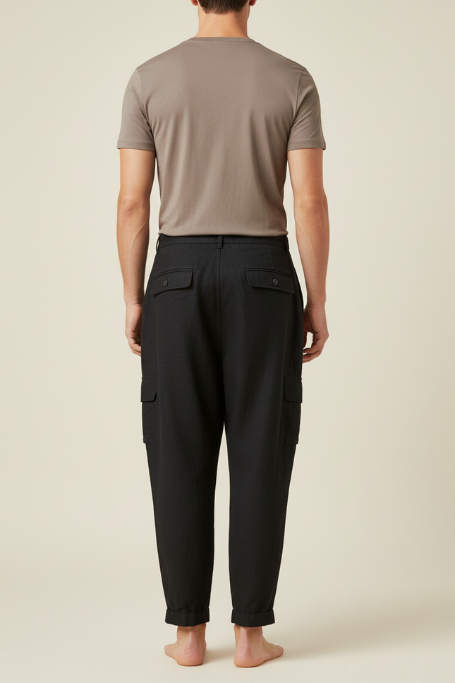 Pantalon Baggy Noir Lin Cargo Ample Décontracté Homme - vue 2