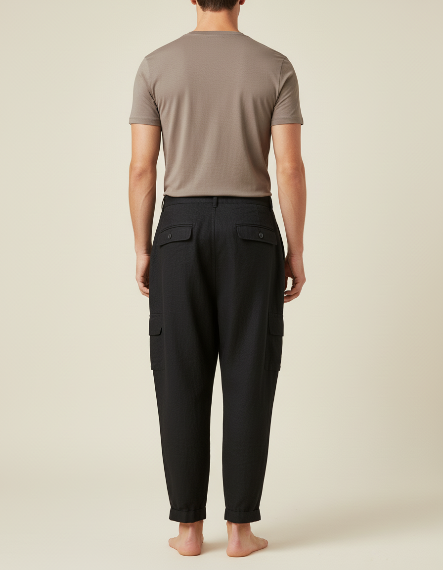 Pantalon Baggy Noir Lin Cargo Ample Décontracté Homme - vue 2
