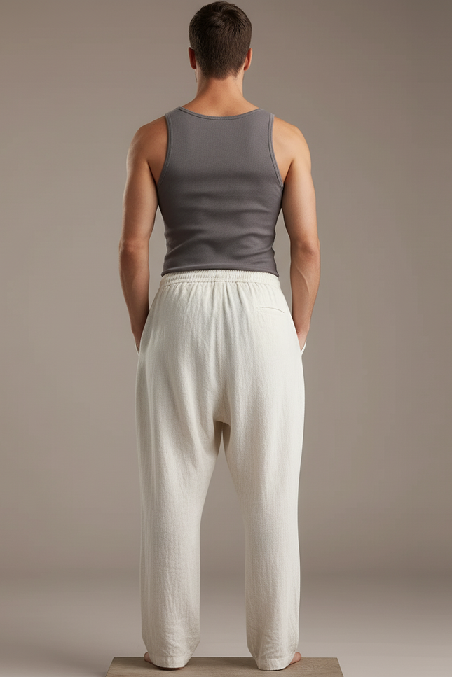 Pantalon Baggy Lin Coton Ample Cordon Beige Homme - vue 2