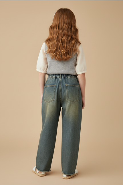 Pantalon Baggy Jean Bleu Délavé Ample Plissé Fille - vue 2