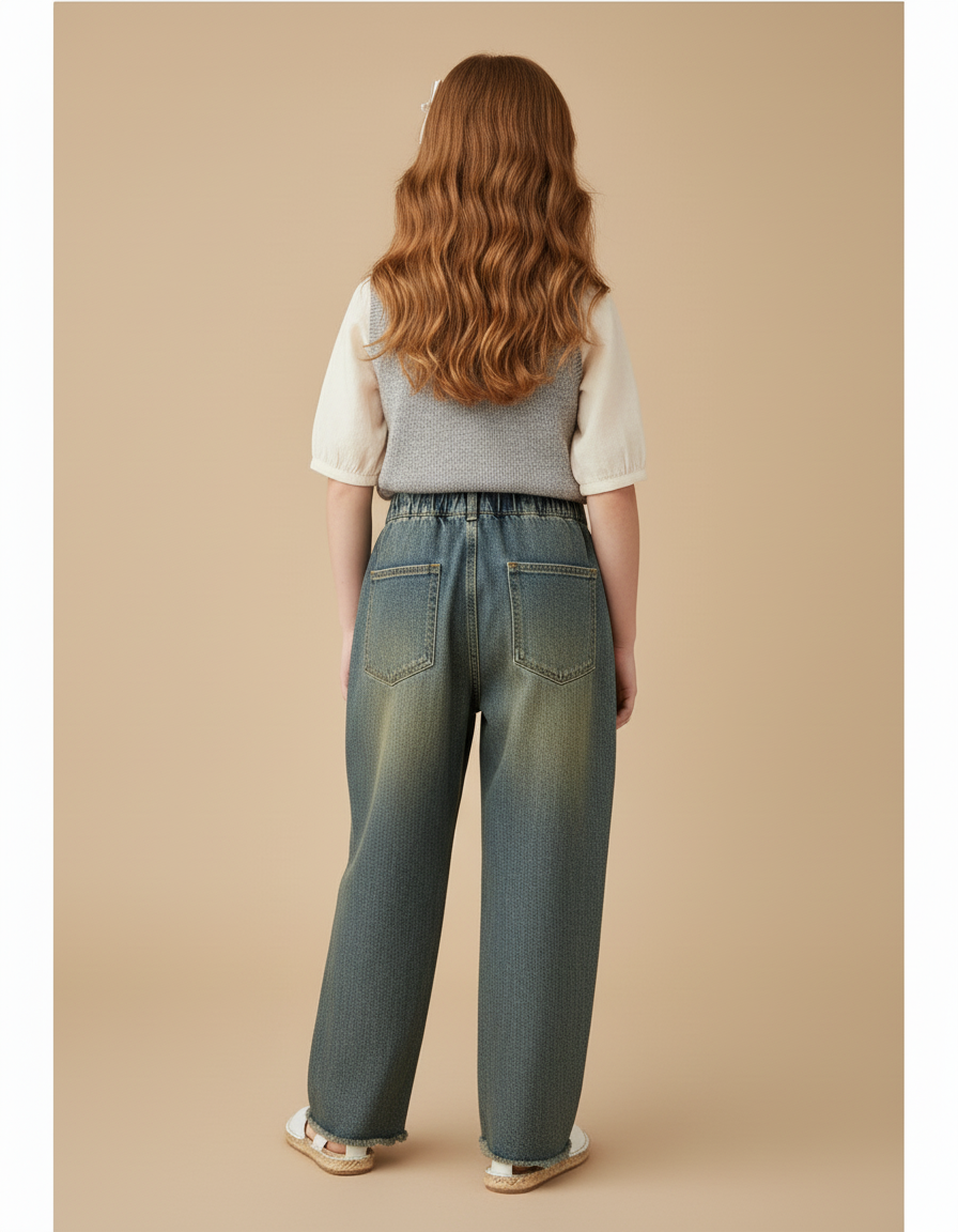 Pantalon Baggy Jean Bleu Délavé Ample Plissé Fille - vue 2