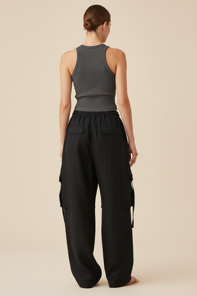 Pantalon Baggy Noir Ample Poches Cargo Cordon Femme - Lin - vue 2