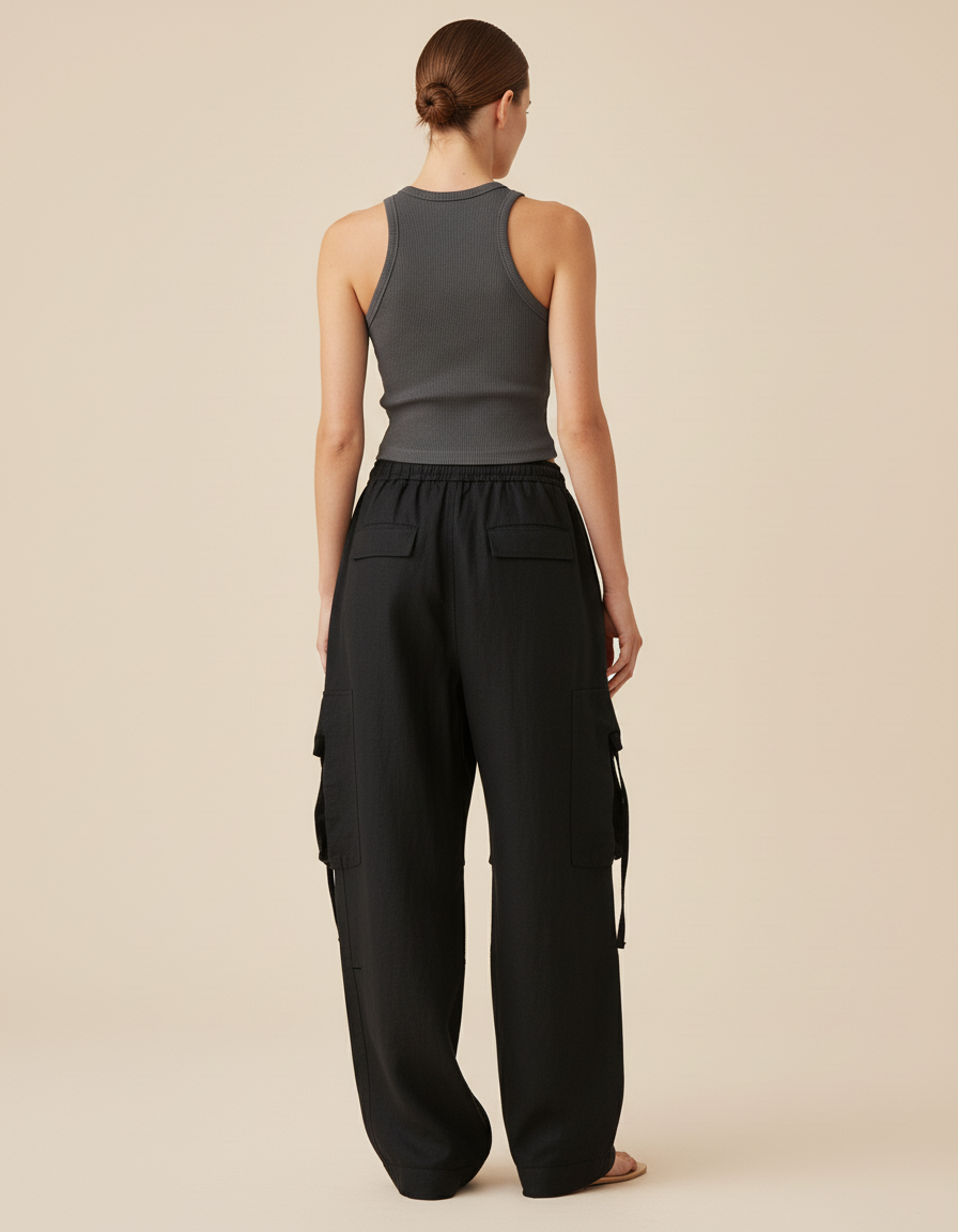 Pantalon Baggy Noir Ample Poches Cargo Cordon Femme - Lin - vue 2