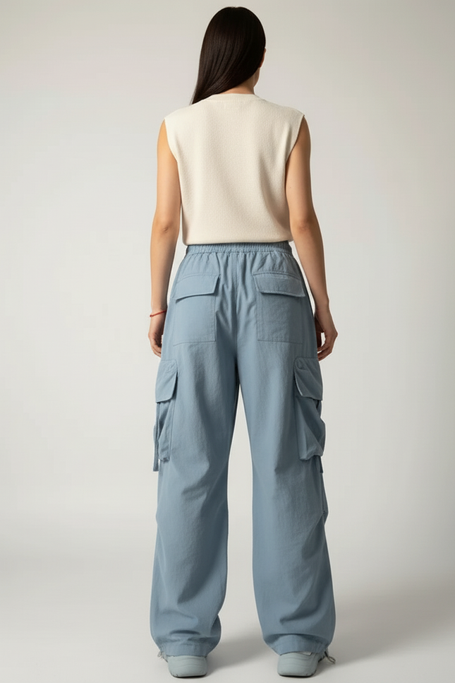 Pantalon Baggy Bleu Ciel Cargo Ample Décontracté Femme - Toile - vue 2