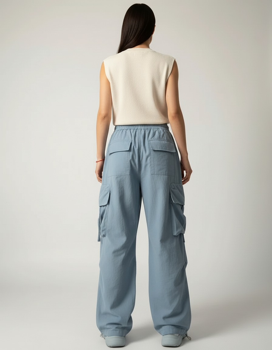 Pantalon Baggy Bleu Ciel Cargo Ample Décontracté Femme - Toile - vue 2