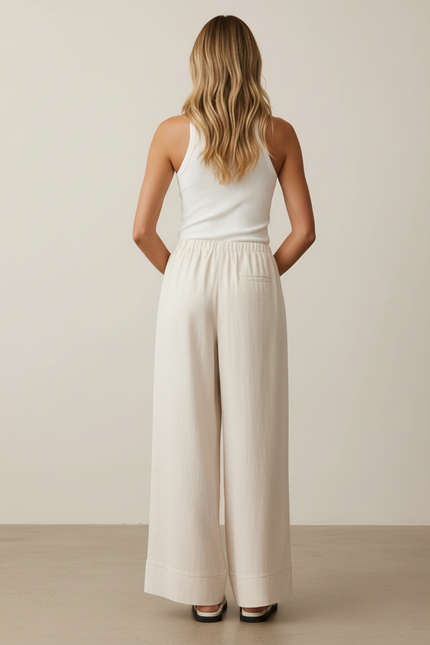 Pantalon Baggy Beige Lin Fluide Décontracté Femme - vue 2