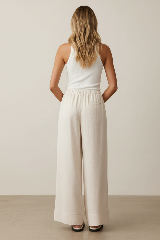 Pantalon Baggy Beige Lin Fluide Décontracté Femme - vue 2