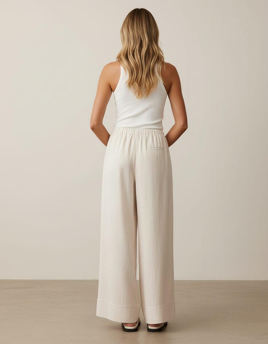 Pantalon Baggy Beige Lin Fluide Décontracté Femme - vue 2