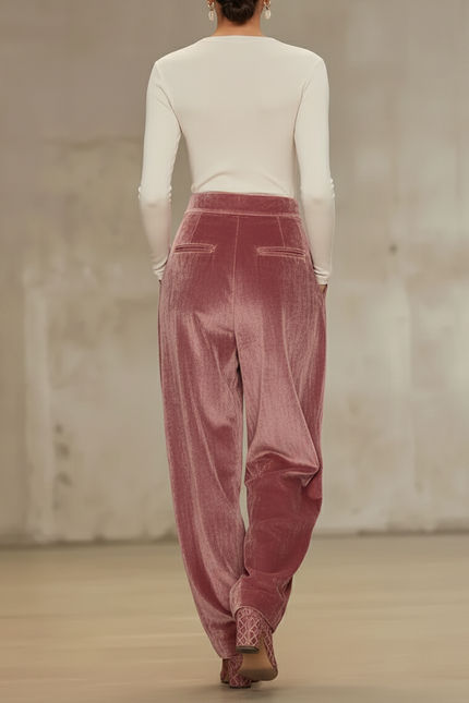 Pantalon Baggy Velours Rose Plissé Taille Haute Ample - vue 2