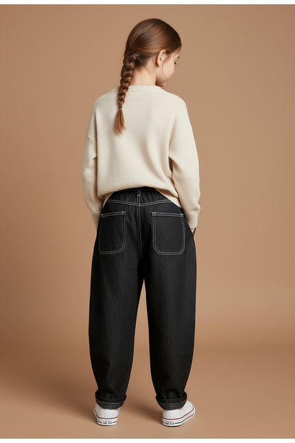 Pantalon Baggy Noir Denim Brodé Ample Décontracté Fille - Jean - vue 2