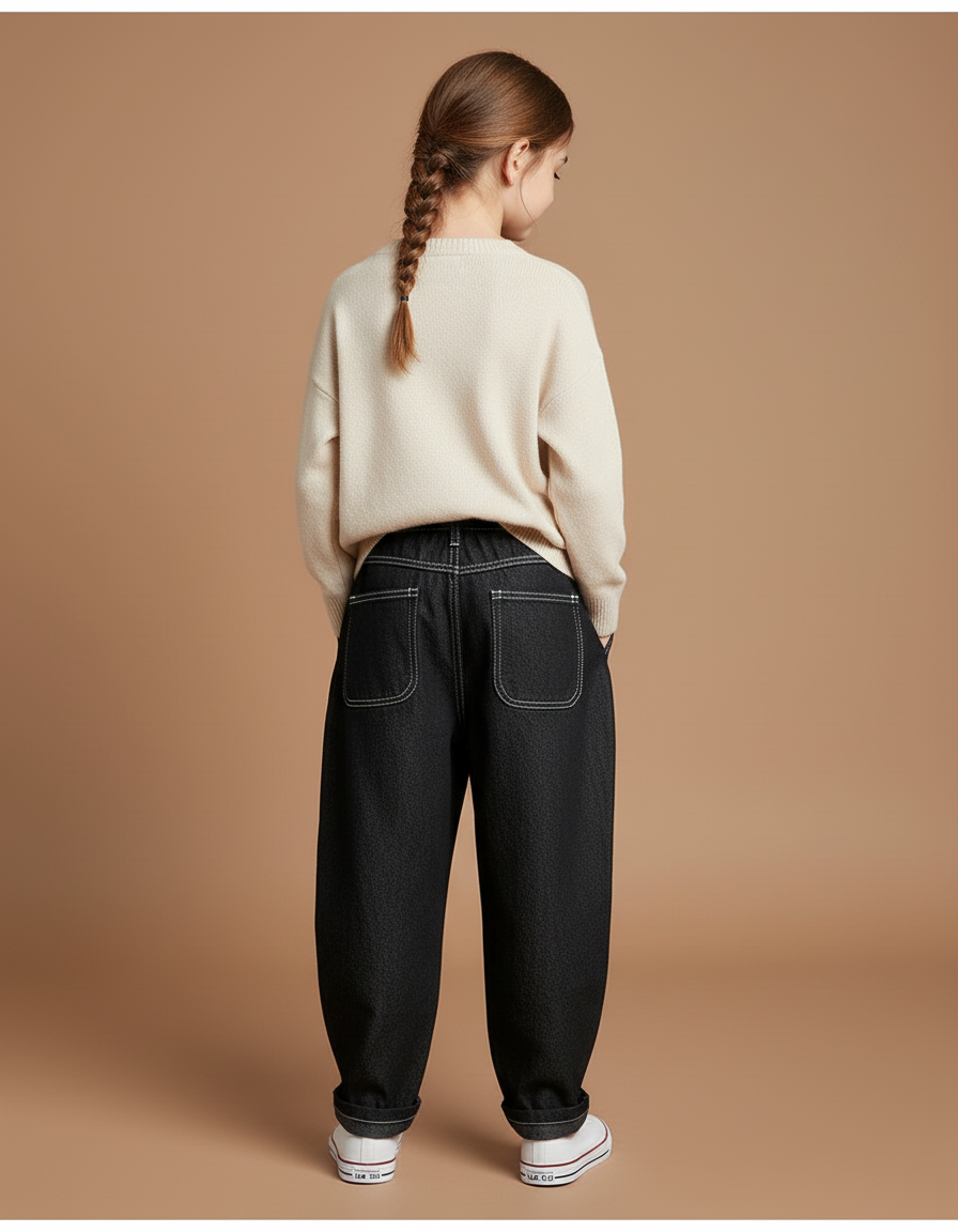 Pantalon Baggy Noir Denim Brodé Ample Décontracté Fille - Jean - vue 2