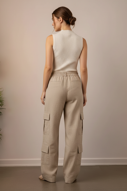 Pantalon Baggy Beige Cargo Lin Ample Femme - vue 2