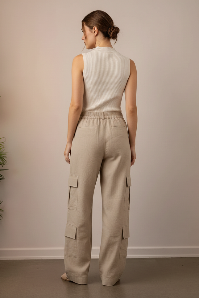 Pantalon Baggy Beige Cargo Lin Ample Femme - vue 2