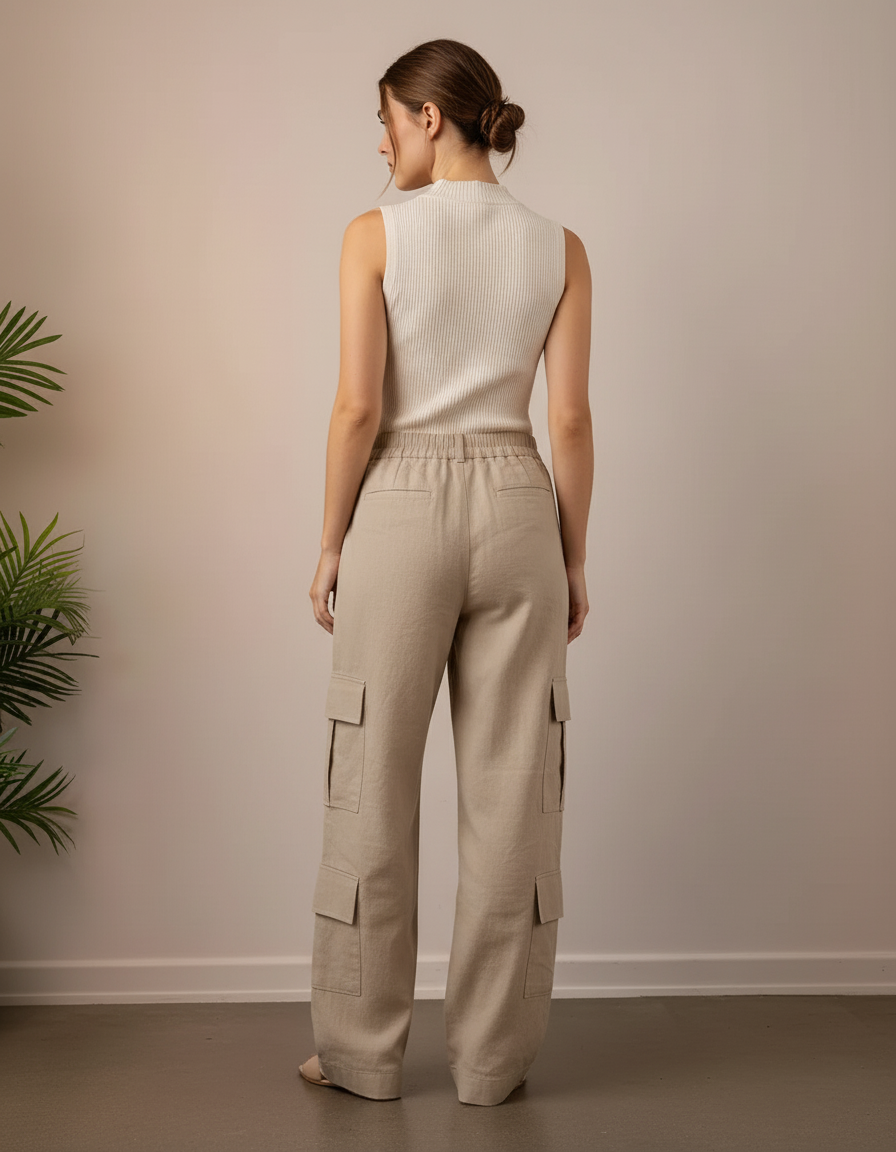 Pantalon Baggy Beige Cargo Lin Ample Femme - vue 2