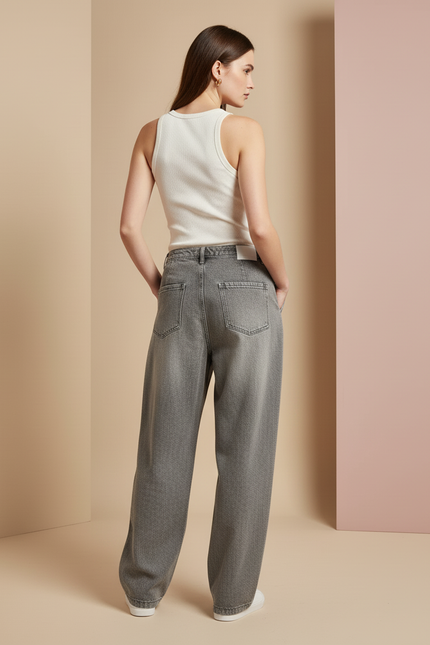 Pantalon Baggy Gris Plissé Ample Taille Haute Femme - Jean - vue 2